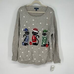 Karen Scott Gray 1X Tan Polka Dot Christmas Cats Long Sleeve Sweater Novelty NWT